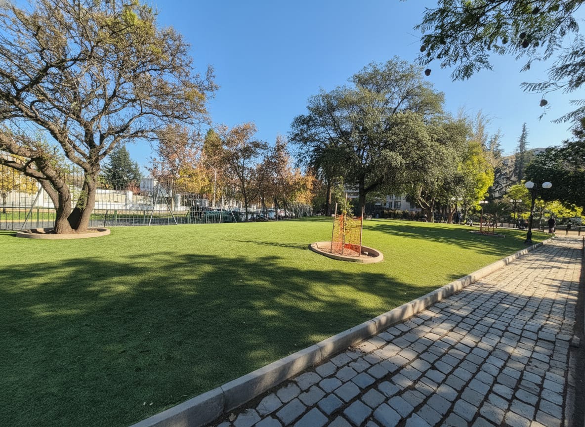 Área verde con césped y senderos en proyecto de paisajismo de Grupo AG